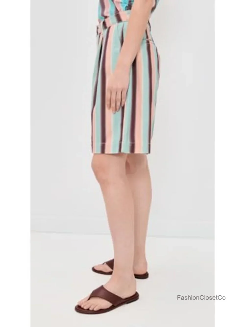 Women's Bermuda Shorts High Rise Cotton Pleated Strap Detail